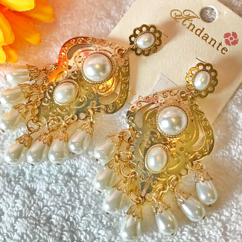 Boho Earrings Drop Pearl Etched Goldtone Tassels